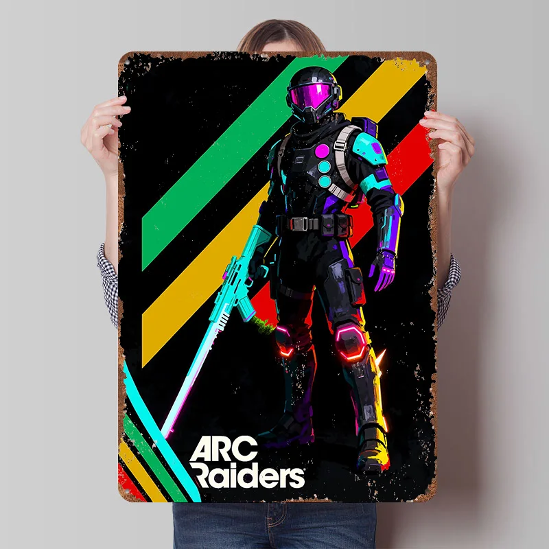 Arc Raiders Futuristic Soldier Poster Customized Vintage Metal Signs Wall Art Retro Tin Plaque for Mancave Decoration Gaming
