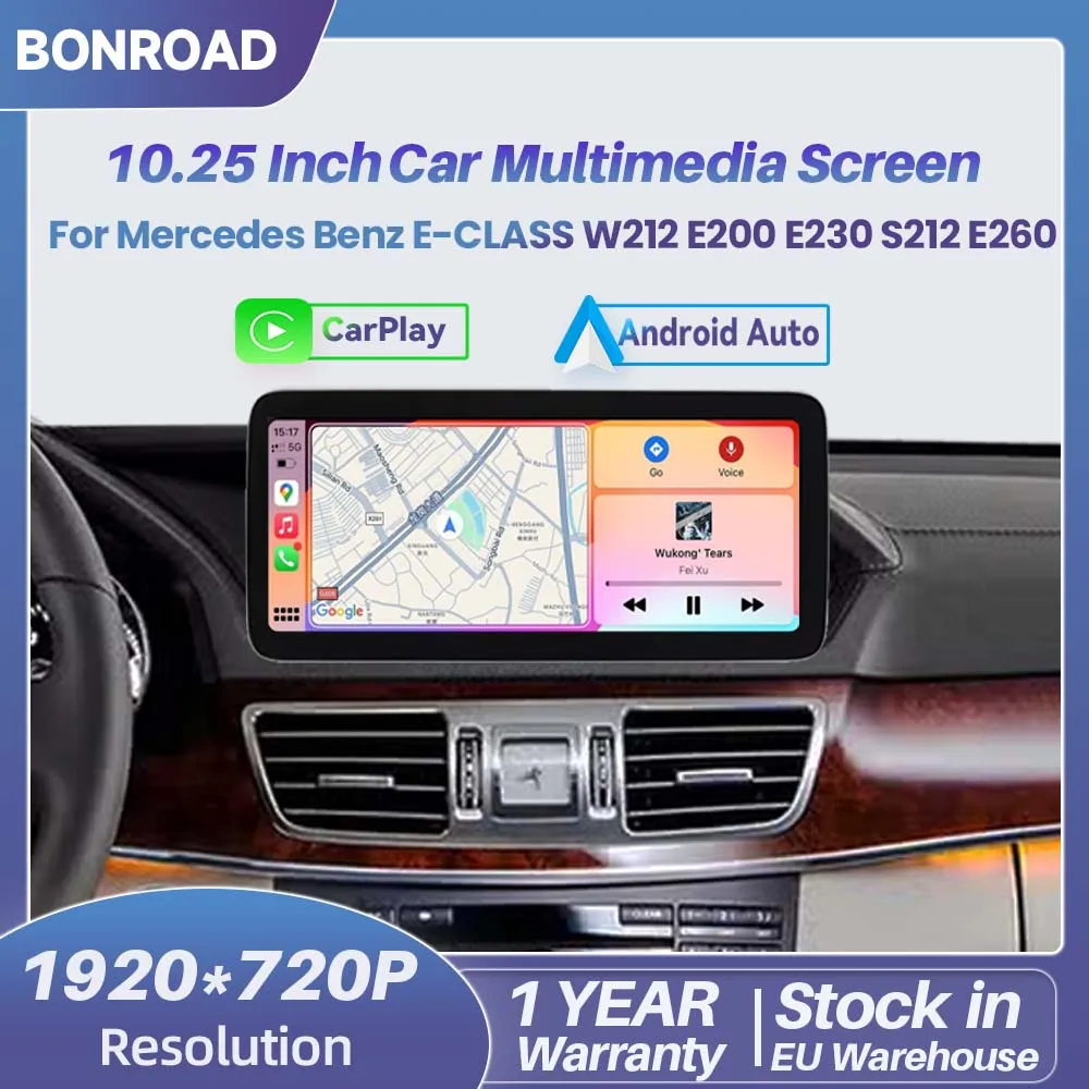 BONROAD Schermo Touch da 10,25 Pollici con CarPlay Wireless e Android Auto per Mercedes Benz Classe E W212 S212 E200 E250 E280 E300 E350 2009-2016 Sistema NTG4.0/4.5/5.0 Sistemi Intelligenti per Auto