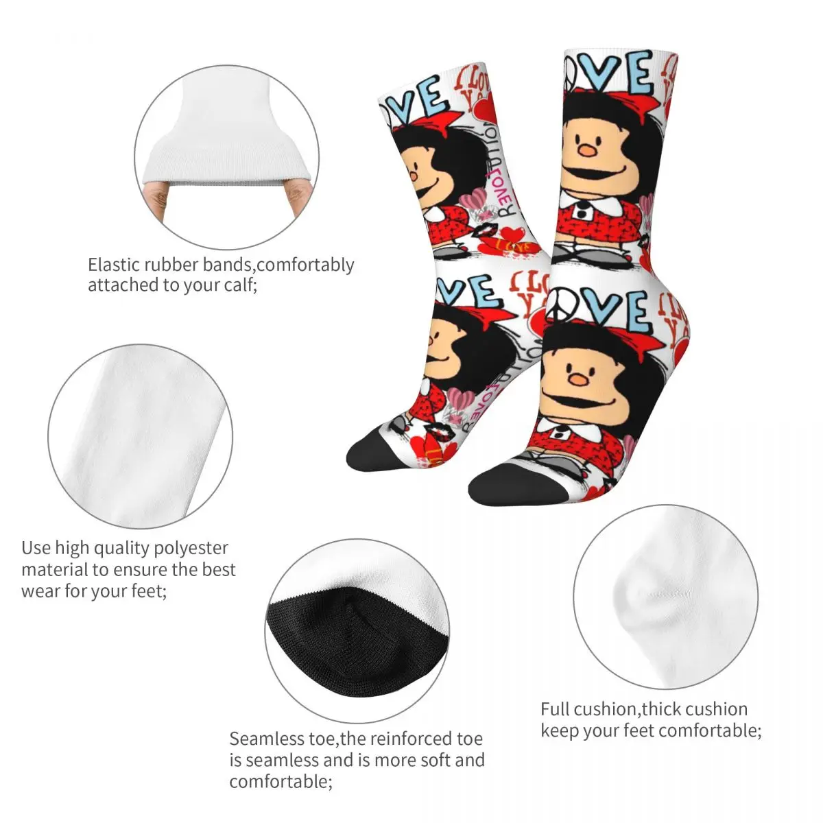 Winter Warm Casual Unisex Love Peace And Mafalda Socks Quino Argentina Cartoon Non-slip Middle Tube Socks