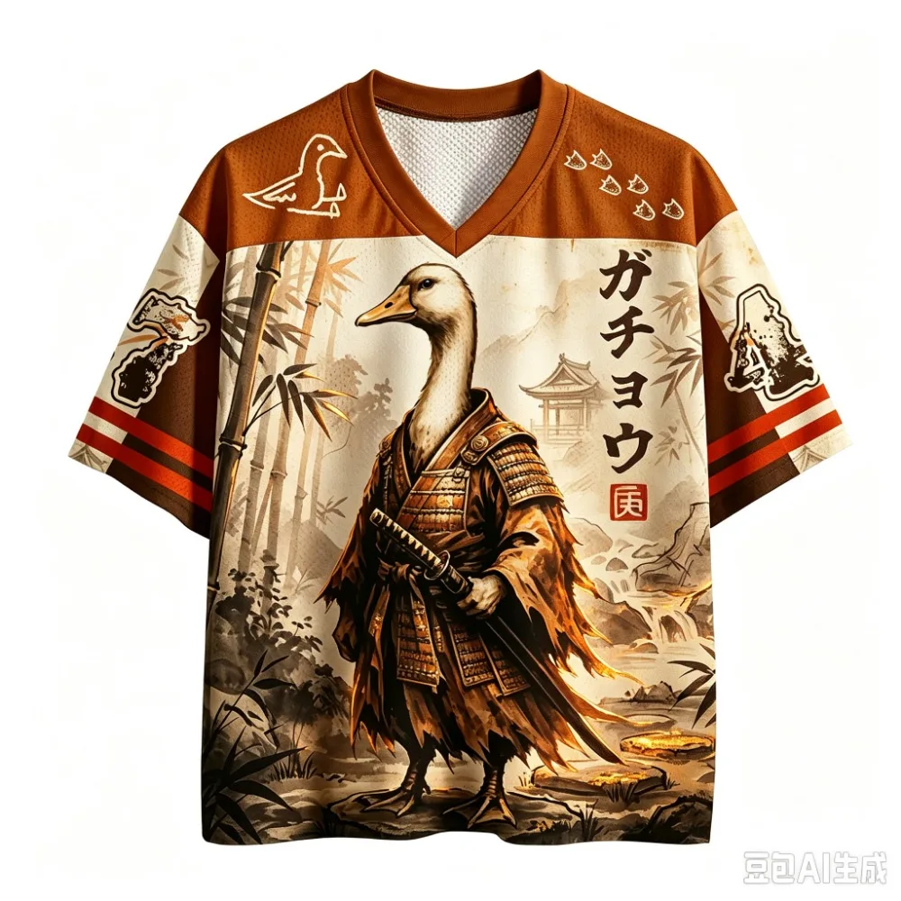 Fashion Japanese Duck Warrior Pattern 3DPrint Casual Street Outdoor Fitness Men Plus-size V-neck T-shirt Large Size parent-child