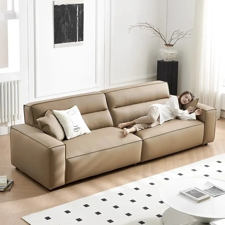 Tofu block sofa first layer cowhide living room straight row Italian minimalist leather sofa