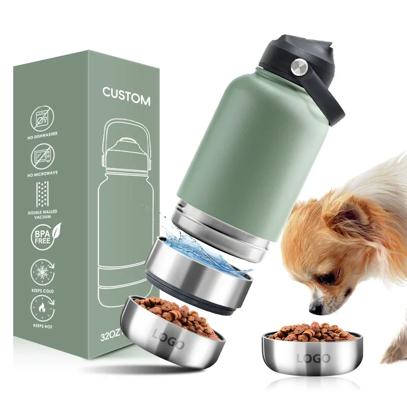 Custom logo 3 In 1 Style 32oz Portable Stainless Steel Pet Feeder Outdoor Travel Bowl Insulated Dog Water Bottle