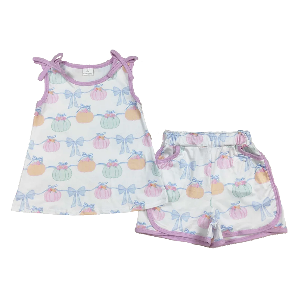 

Baby Girls Summer Outfits Baby Girls Bows Sleeveless Pumpkins Stripe Tunic Pockets Short Sets