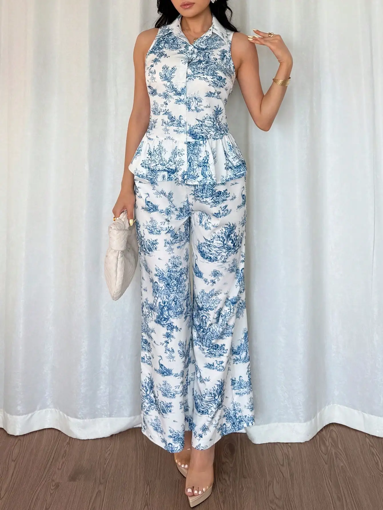 여성용 블루 & 화이트 투알레 프린트 민소매 페플럼 탑 + 와이드 레그 팬츠 여름 투피스 세트