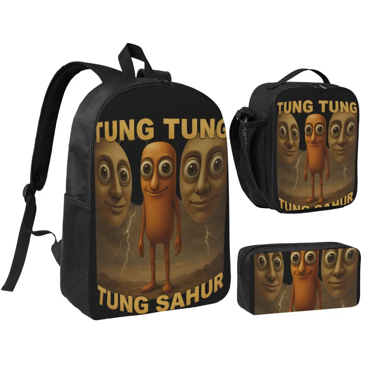 3pecs/set Tung Tung Tung Sahur Backpack for Boys Girls Italian Brainrot Meme High School Canvas Bags Lunch bag Pencil Case