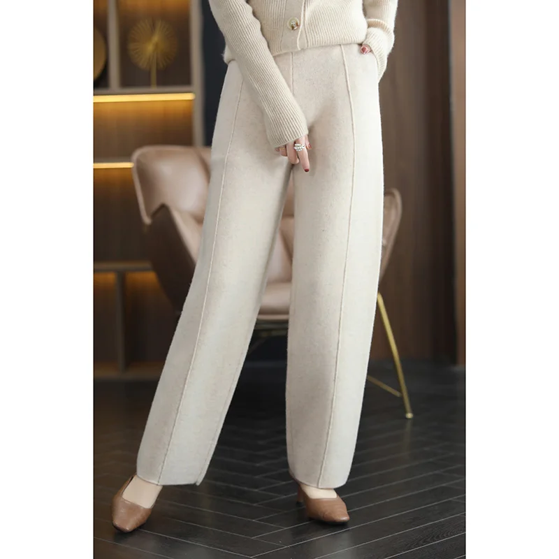 2022 Spring Autumn New 100% Pure Wool Cashmere Pants Women's High Waist Straight Pants Loose Casual All-match Knitted Trousers