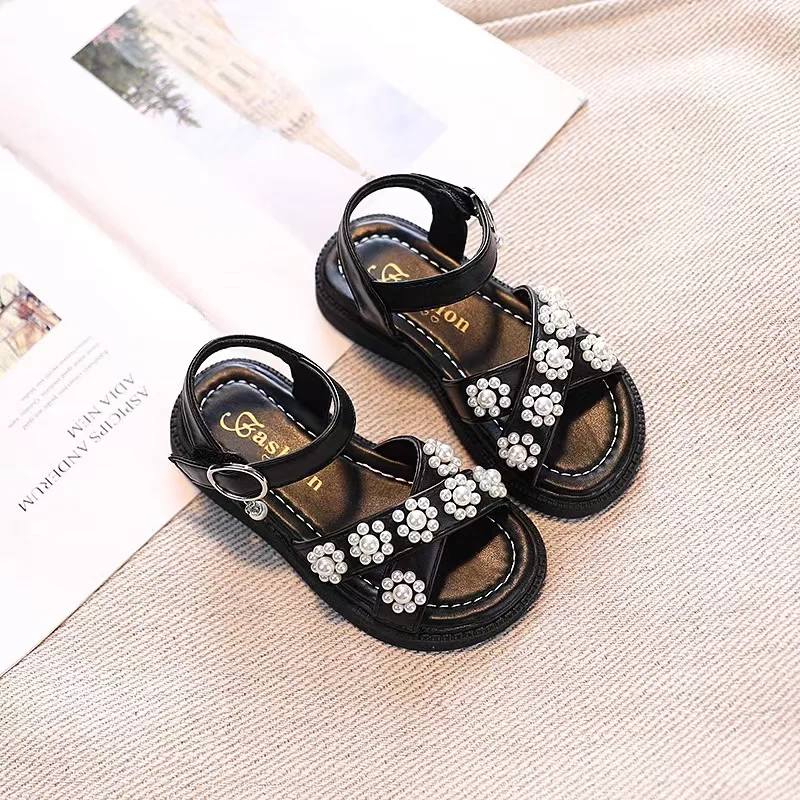 Congme Fashion Girls Sandals Korean Style Toddler Kids Flat Shoes  Pearl Anti-slip Leather Princess Shoes