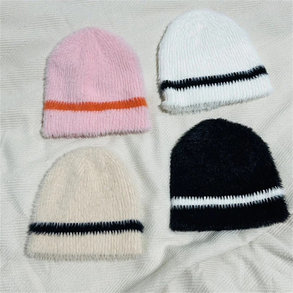 Women's Imitation Sable Woolen Knitted Hat Winter Atmosphere Feeling Pullover Hats Female Simple Stripes Fluffy Soft Warm Cap