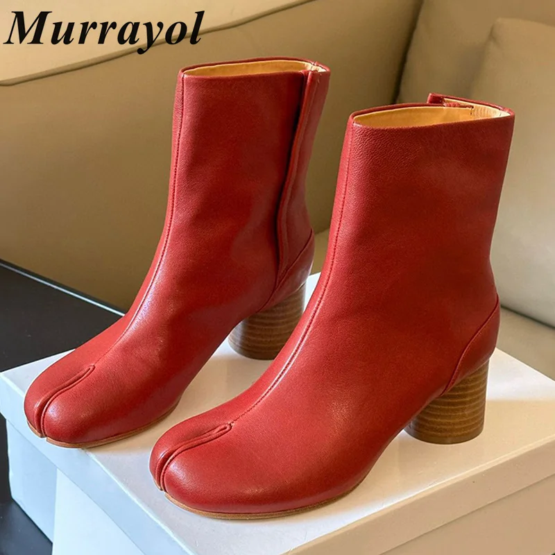 

Split Toe Genuine Leather Side Zipper Ankle Botas Women's Solid Color Round Heels Short Boots Spring Autumn Chelsea Boots