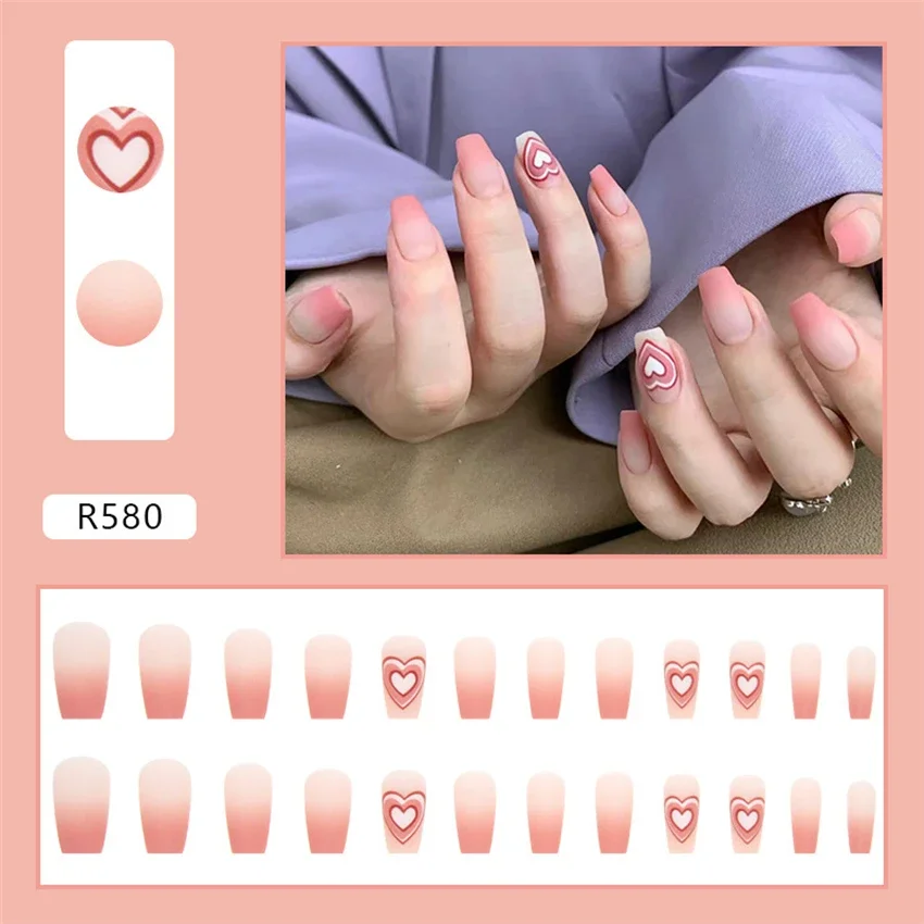 Unhas postiças curtas francesas, Unhas postiças removíveis, Prensa adesiva na arte do prego, Rosa colorido, Gelo, Transparente, Vestindo, 24pcs, Conjunto