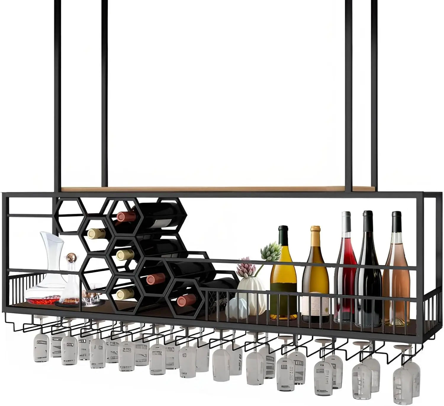 

Metal Hanging Wine Rack,Ceiling Bar Wine Glass Rack with Glass Holder,2 Layer Multi Functionl Wine Bottle Holder Organizer