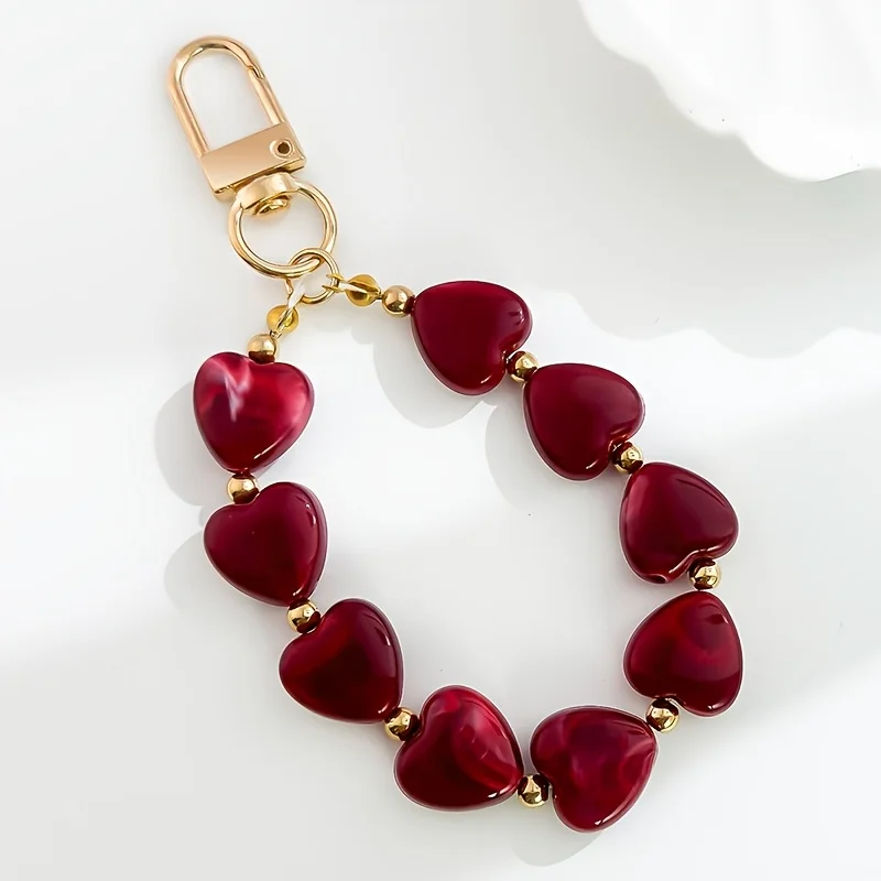 Fashion Resin Heart Beads Bag Charm Gold Clasp Keychain Cute Love Wrist Strap Pendant Handmade Accessory Gift for Women Girls