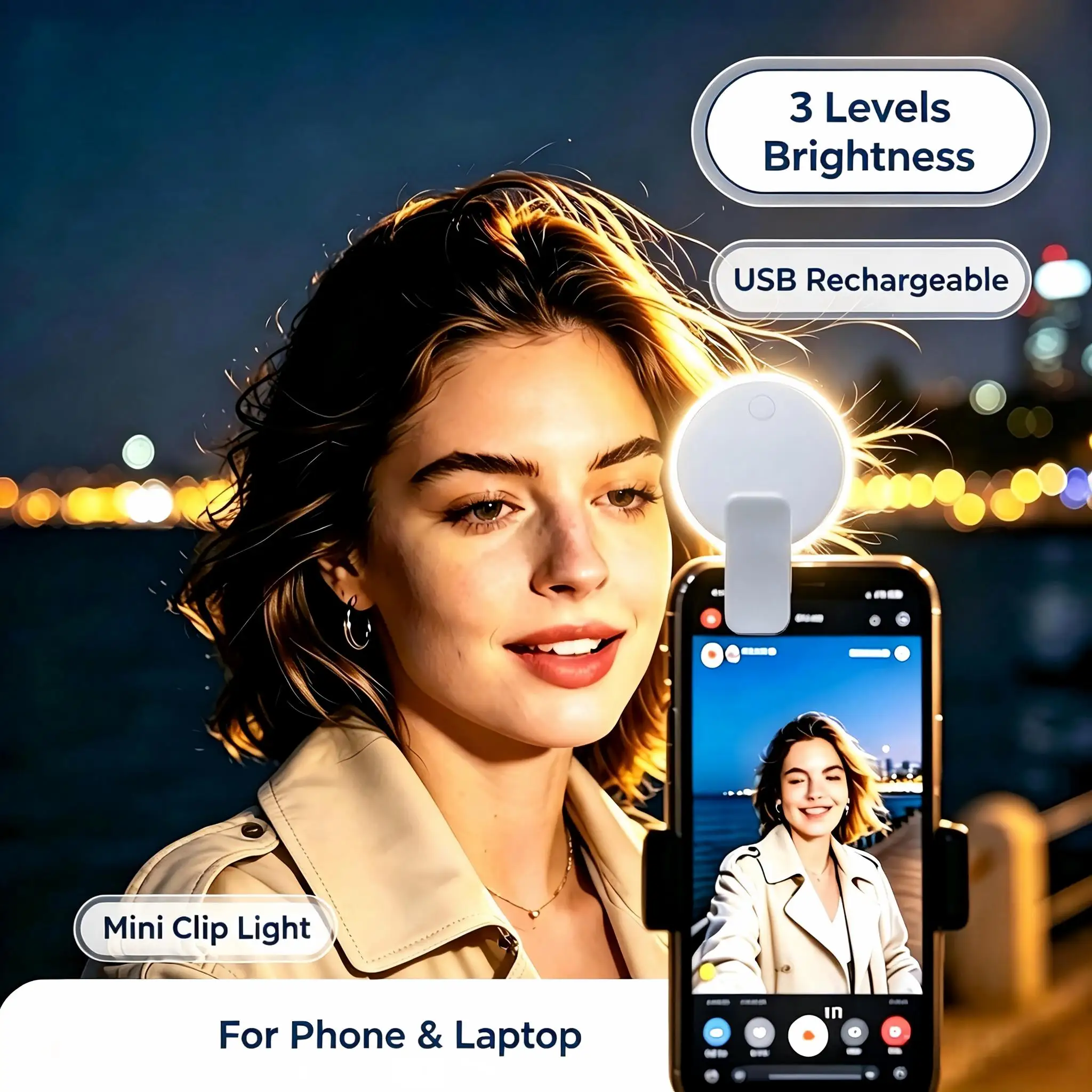 LED Mini Clip Selfie Light Rechargeable 3 Levels Brightness Fill Lights Portable Ring Lamp For Video Vlog Live Streaming Makeup