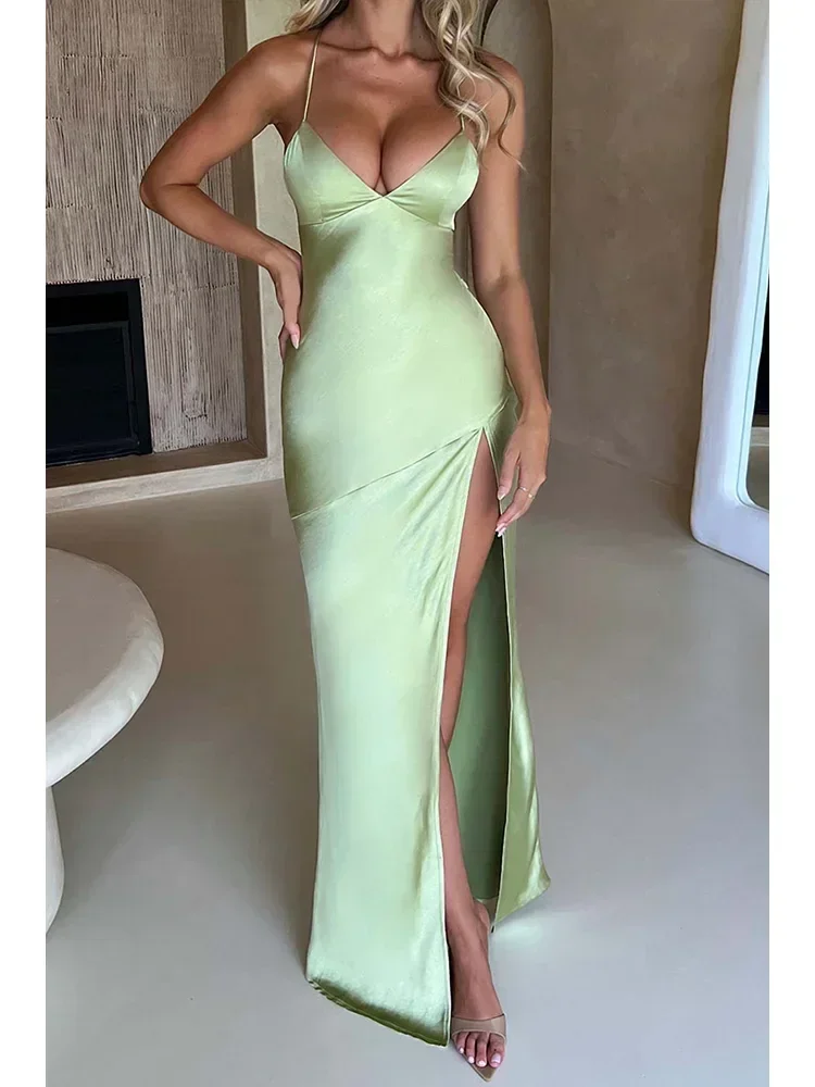 Fashion Sexy Satin Backless Camis Dress Spaghetti Strap Split Hem Silk Y2K Bodycon Casual Lace-up Summer Evening Long Dress 2024