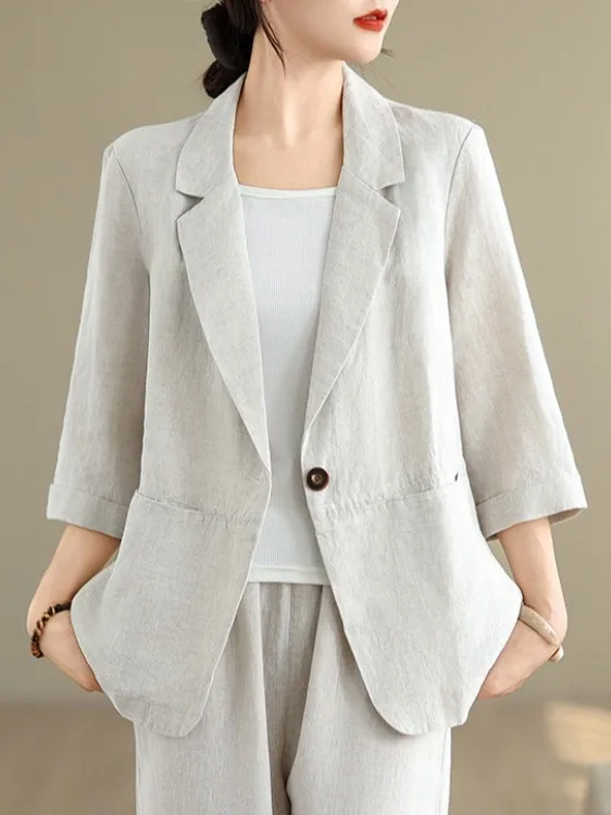 

Маленький костюм из хлопка и льна в стиле ретро на одной пуговице, большой размер, женское однотонное пальто с двойным воротником и отложным воротником Seven Sve West, верх