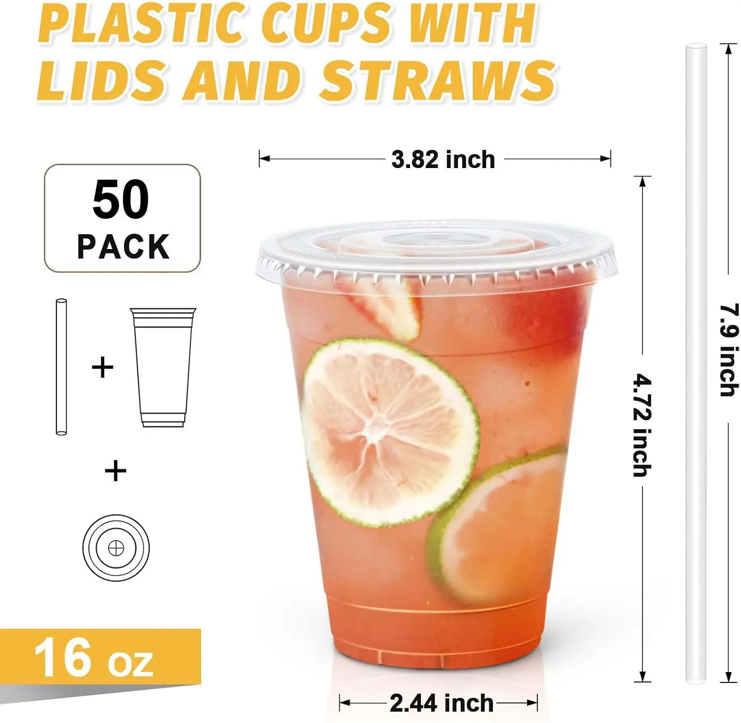50 Pack 16 Oz Clear Plastic Cups with Flat Lids And Straws Disposable Sturdy to Go Cold Drinking Cups for Parties And Events