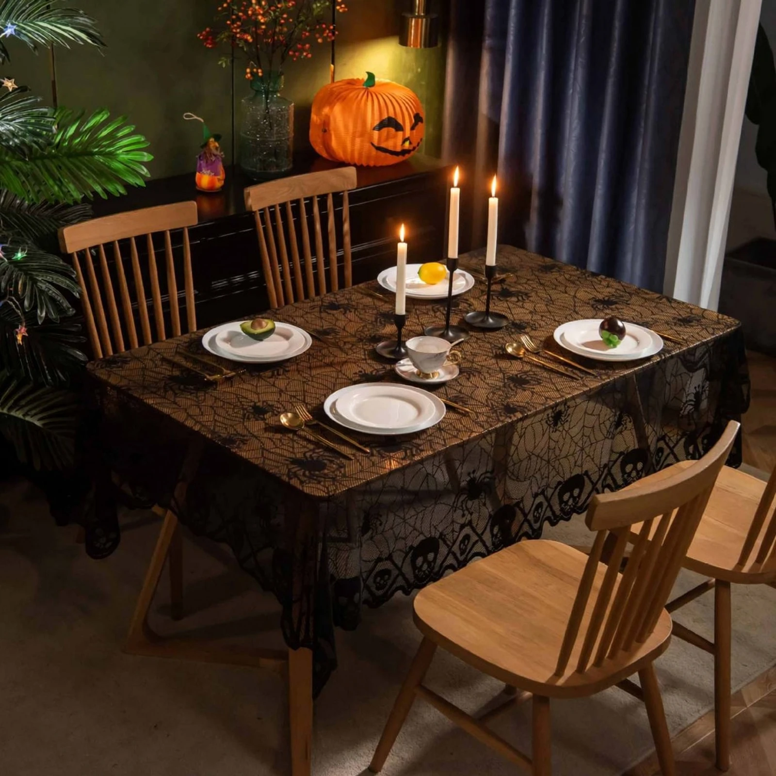 137*182cm Halloween Tablecloths with Spider & Skull Pattern, Rectangular Table Cloth, Gothic Dining Table Cover, Party Decor