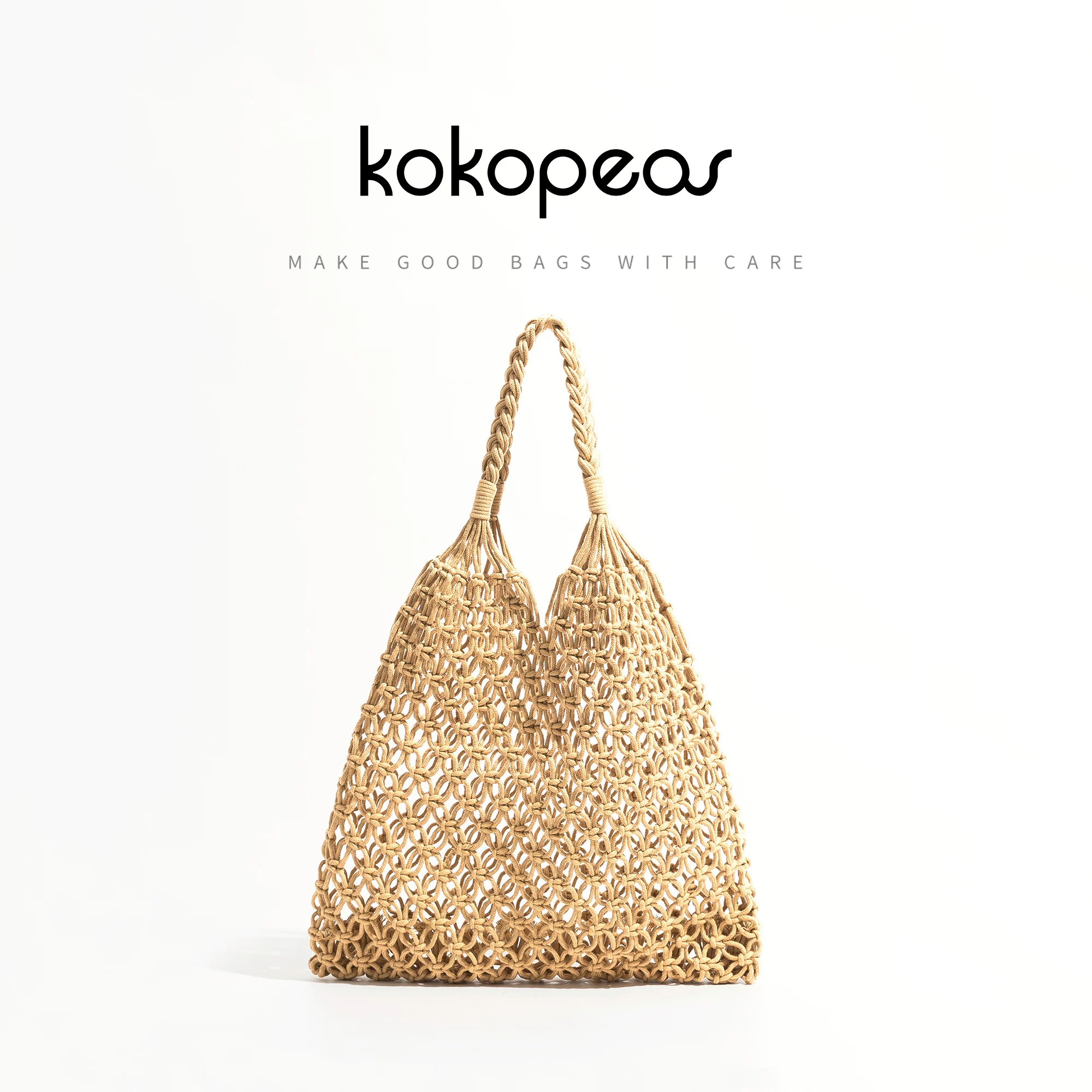 KOKOPEAS Brown Hollow Handwoven cotton Tote Handbag for Travel 2022 Fashion Summer Beach Shoulder Bag Eco Friendly Grocery Purse