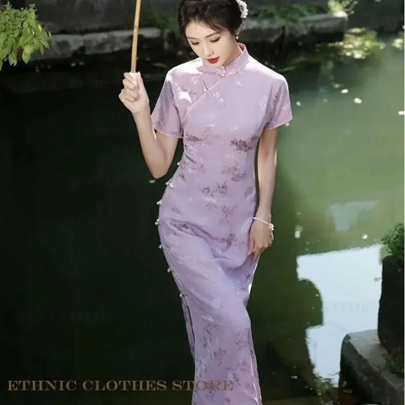 

Elegant Female Long Qipao New Chinese Style Dress Cheongsam Purple Silk Satin Jacquard Vestidos Oriental Costume Party Dress