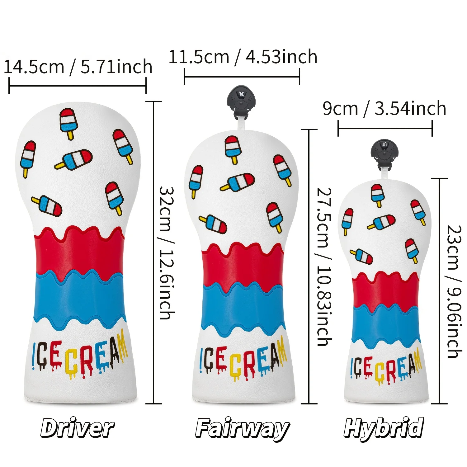 Ice Cream Pattern Golf Club Head Covers - White with Red,  & Yellow Swirls, "ICE CREAM" Design, Durable Golf Accessories image 6