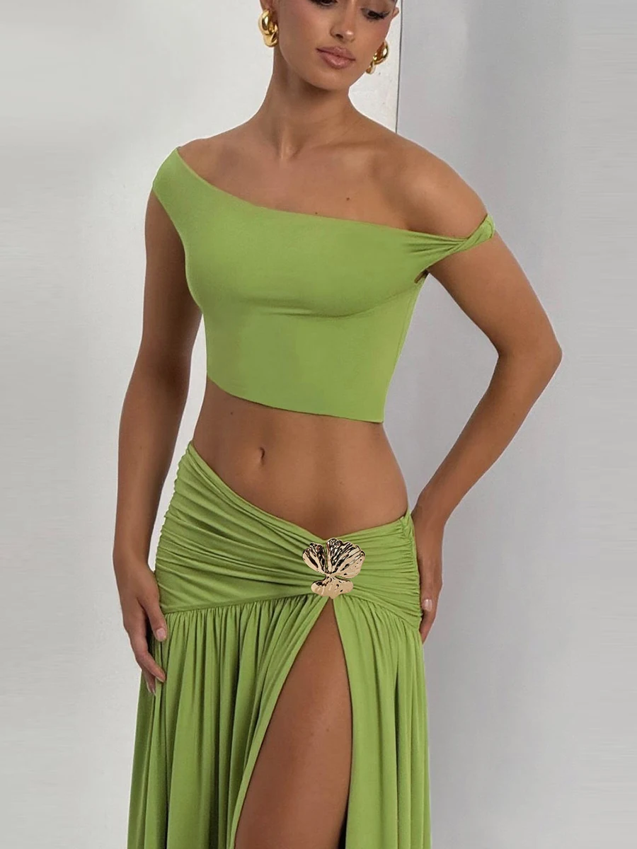 Nibber Summer Party Elegante Chic Donna Set da 2 pezzi Y2K Colletto obliquo Crop Top + Fibbia in metallo pieghettato Maxi Gonne Midnight Clubwear