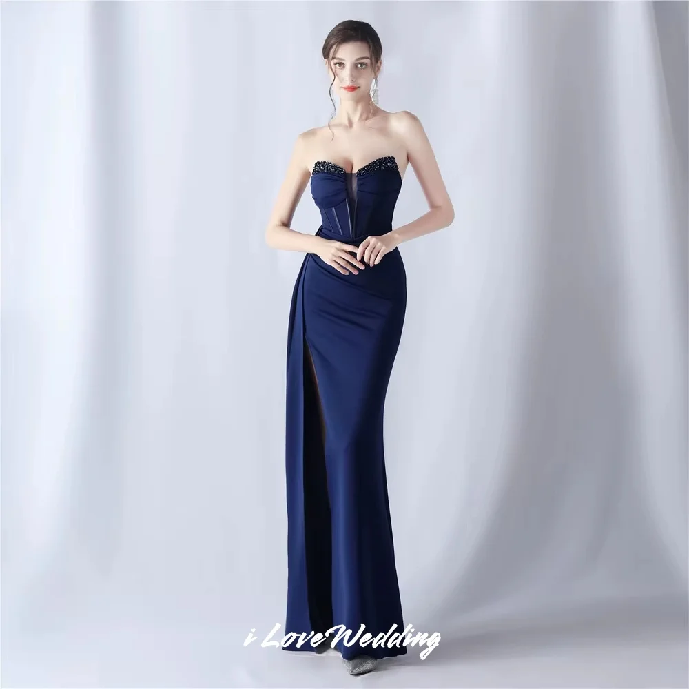 Elegant Green Strapless Evening Dresses 2025 Satin Sleeveless Beaded Crystal Pleated Mermaid Side Split Floor-Length Customized