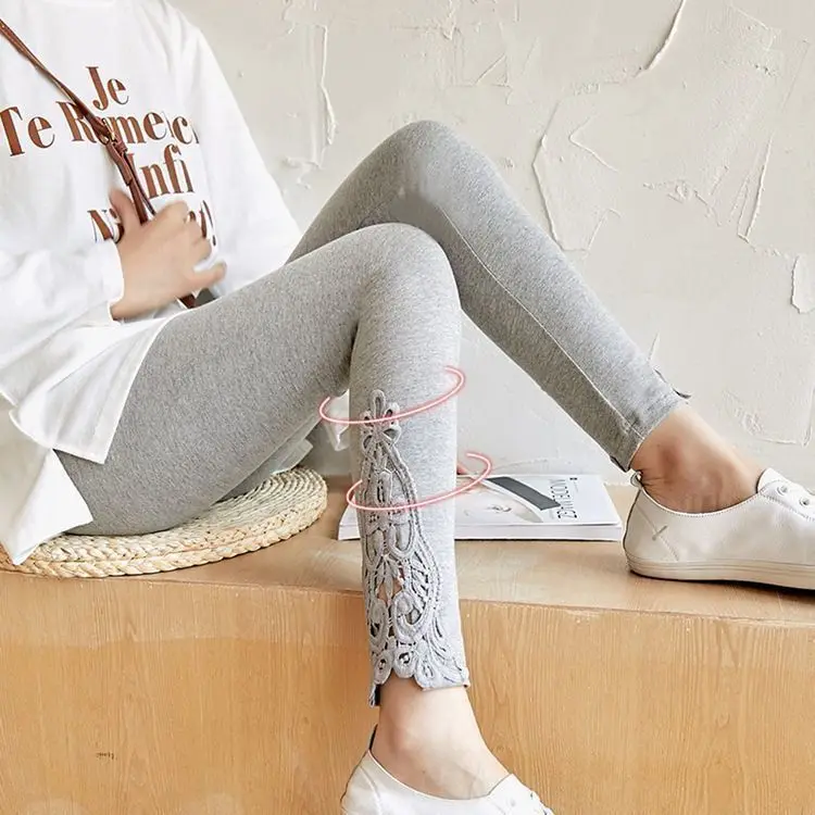 High Waist Lace Tights Long Pants Thin Elastic Slimming Tight Korean Style Spring Autumn Nine Points Pants Thin Base Layer Pants