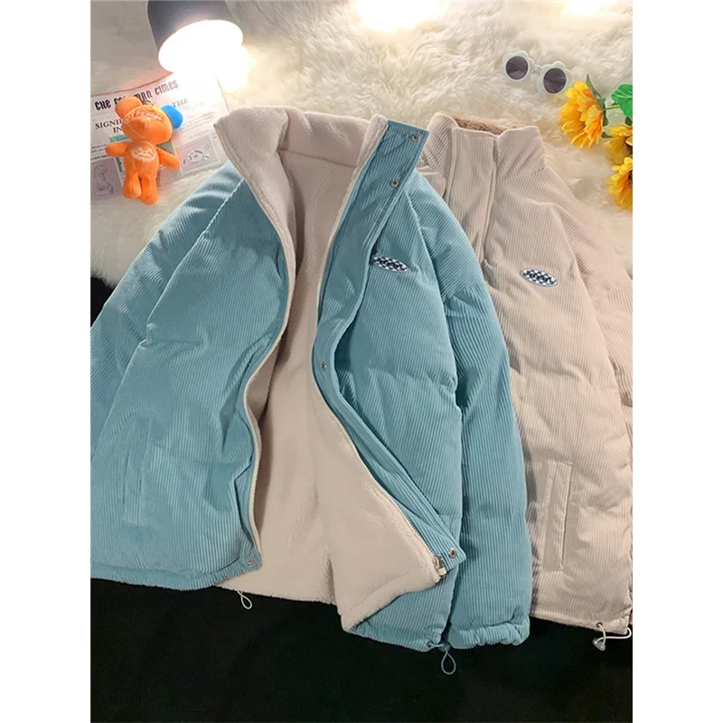 2022 Mùa Đông Nữ Ren Định Áo Vintage Thịt Cừu Nỉ Cotton Parkas Áo Khoác Thời Trang Dày Ấm Quần Áo Rời 2 Mặt Áo Khoác Ngoài