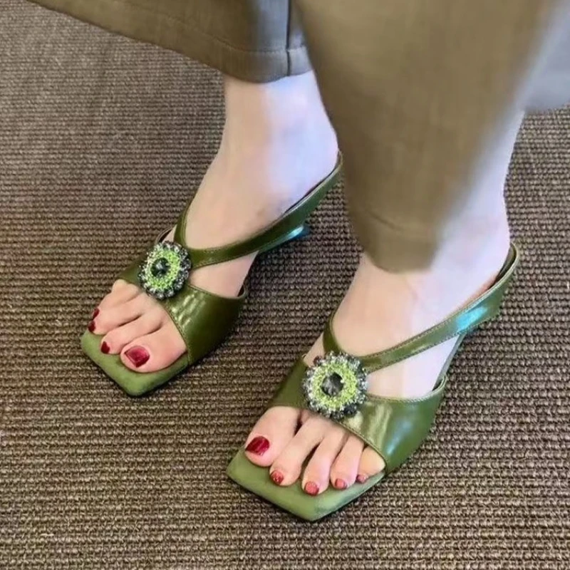 

Square Head Shallow Mouth Slippers Open Toed Strange Style Sandals High Heels Hollow Out Sexy