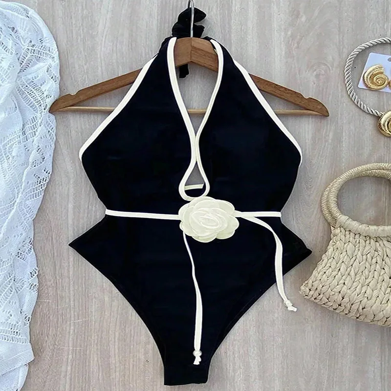 

2024New Pure Color Halter Three-Dimensional Flower Slimming Slim Fit One-Piece Sunscreen Bikini Swimsuit for Women Wholesale