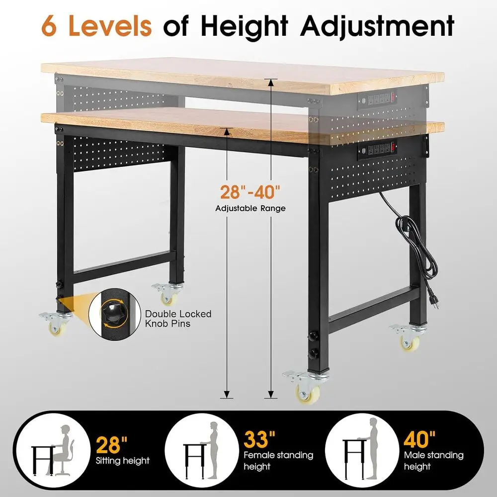 48 منضدة عمل ذات قوة صناعية على عجلات، سعة 2000 رطلاً، طاولة خشبية مطاطية مع منافذ طاقة ولوح بيجب لورش العمل أ #4