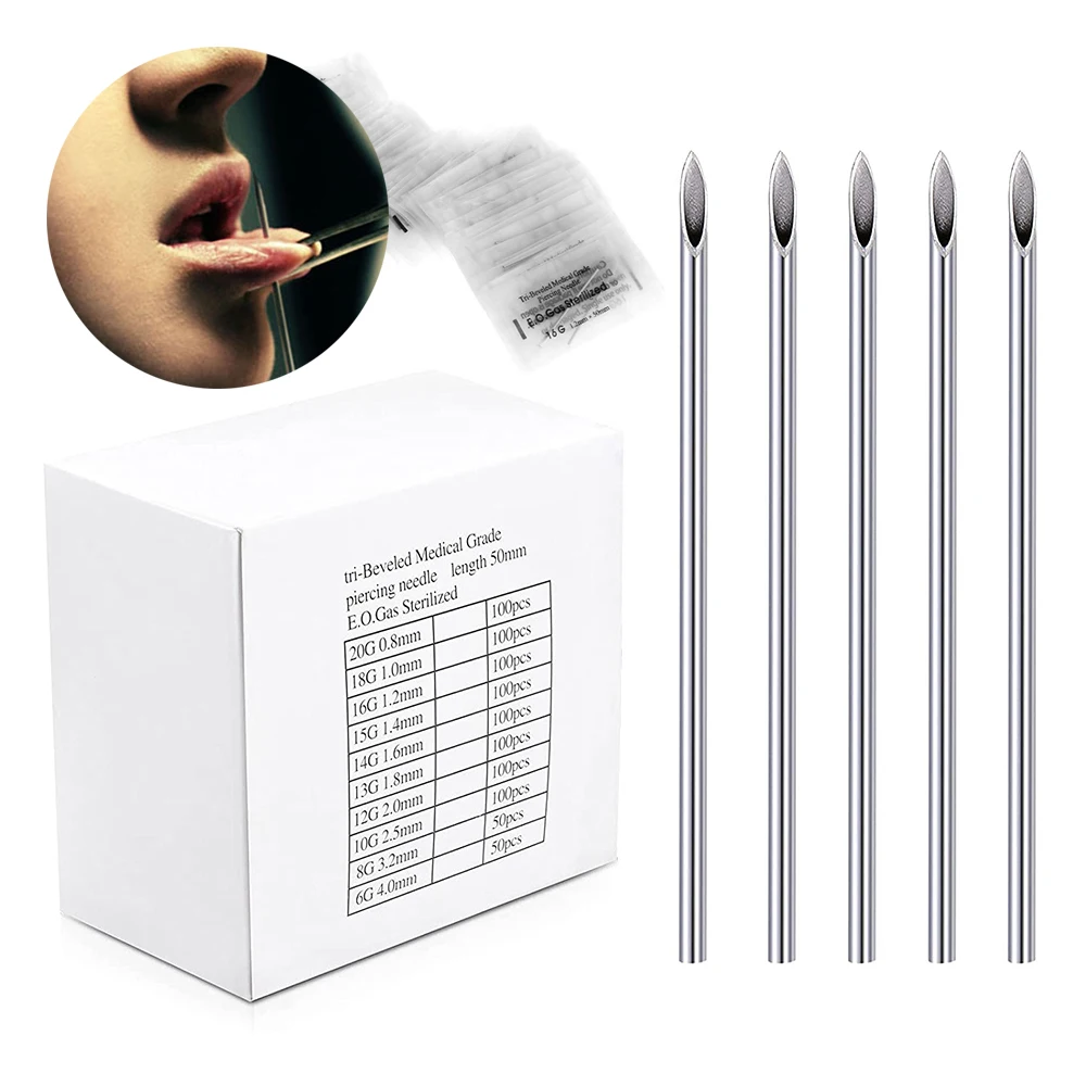 

5/100PCS Disposable Body Piercing Needles 10G 14G 16G 18G 20G Surgical Steel Needle for Ear Nose Navel Nipple Lip Piercing Tool