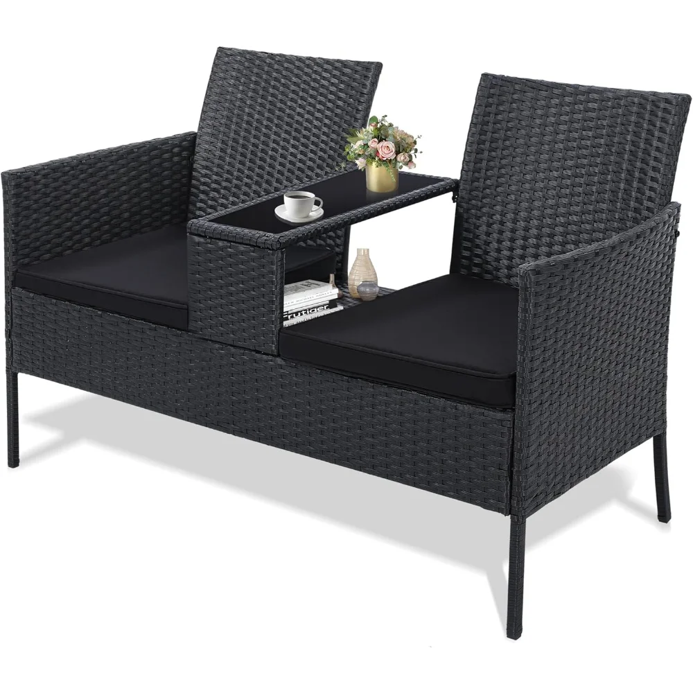 

Wicker 2 Seat Patio Conversation Set, Outdoor Rattan Loveseat with Table, Washable Cushion Covers, Backyard, Garden