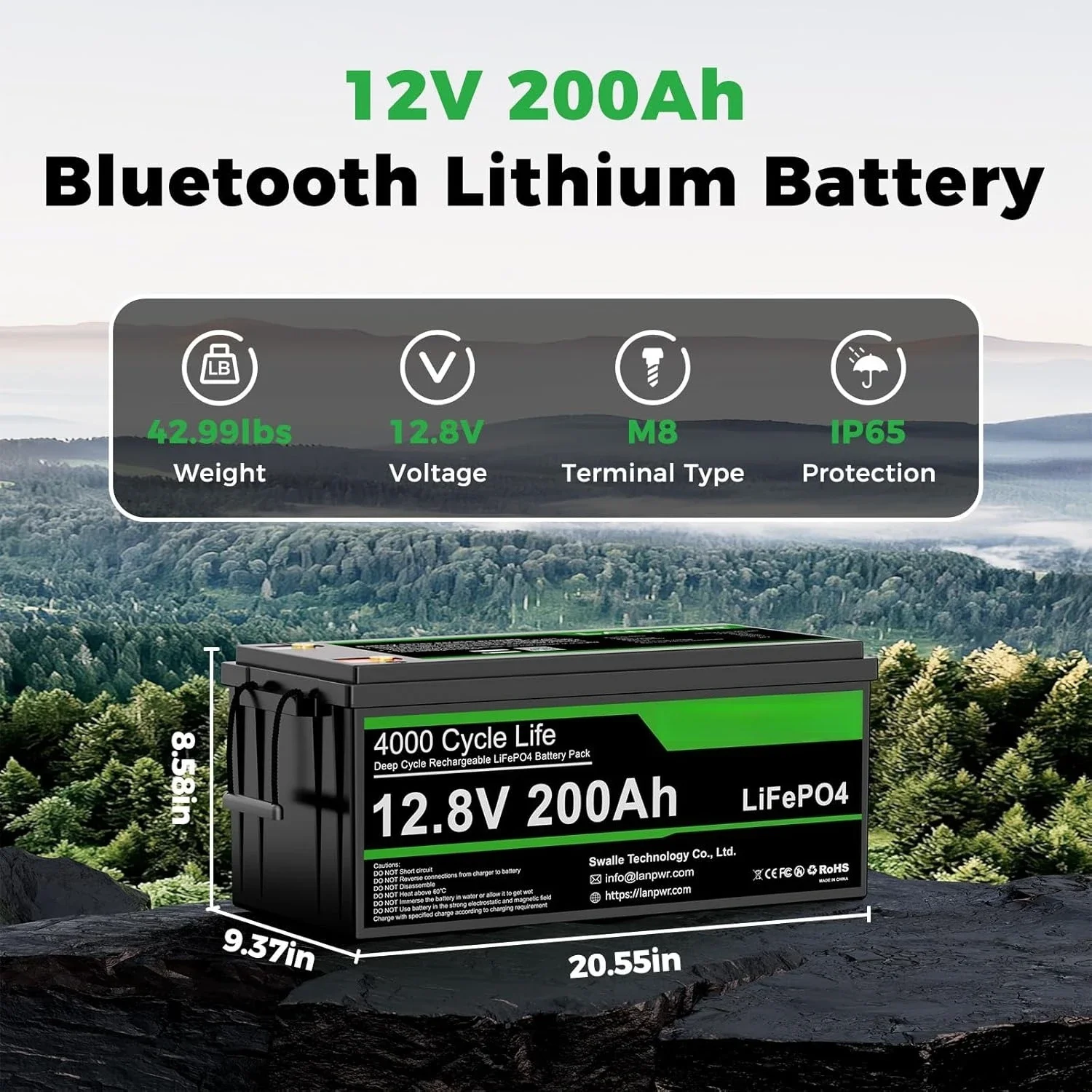 

12V 200Ah Bluetooth LiFePO4 Battery with A-Grade Cells, Deep Cycle Lithium Battery with 200A Smart BMS, Low-Temp, Customized