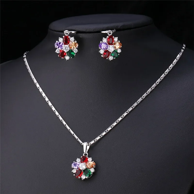 U7 Colorful Mix Flower Crystal Earring Necklace Set for Woman Wine Red Green Purple Champagne White CZ Luxury Jewelry Set QC24