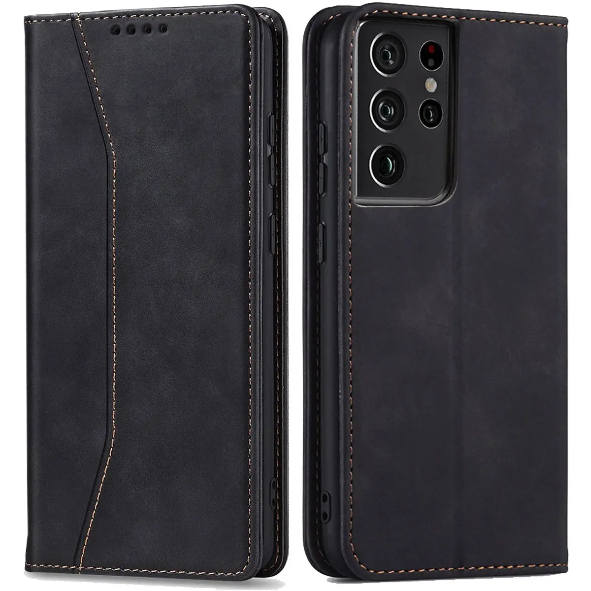 For Samsung Galaxy S21/S21 Plus/S21+/S21 Ultra/S21 FE 5G Leather Case Rugged Phone Flip Card Slots Magnetic Cover Black