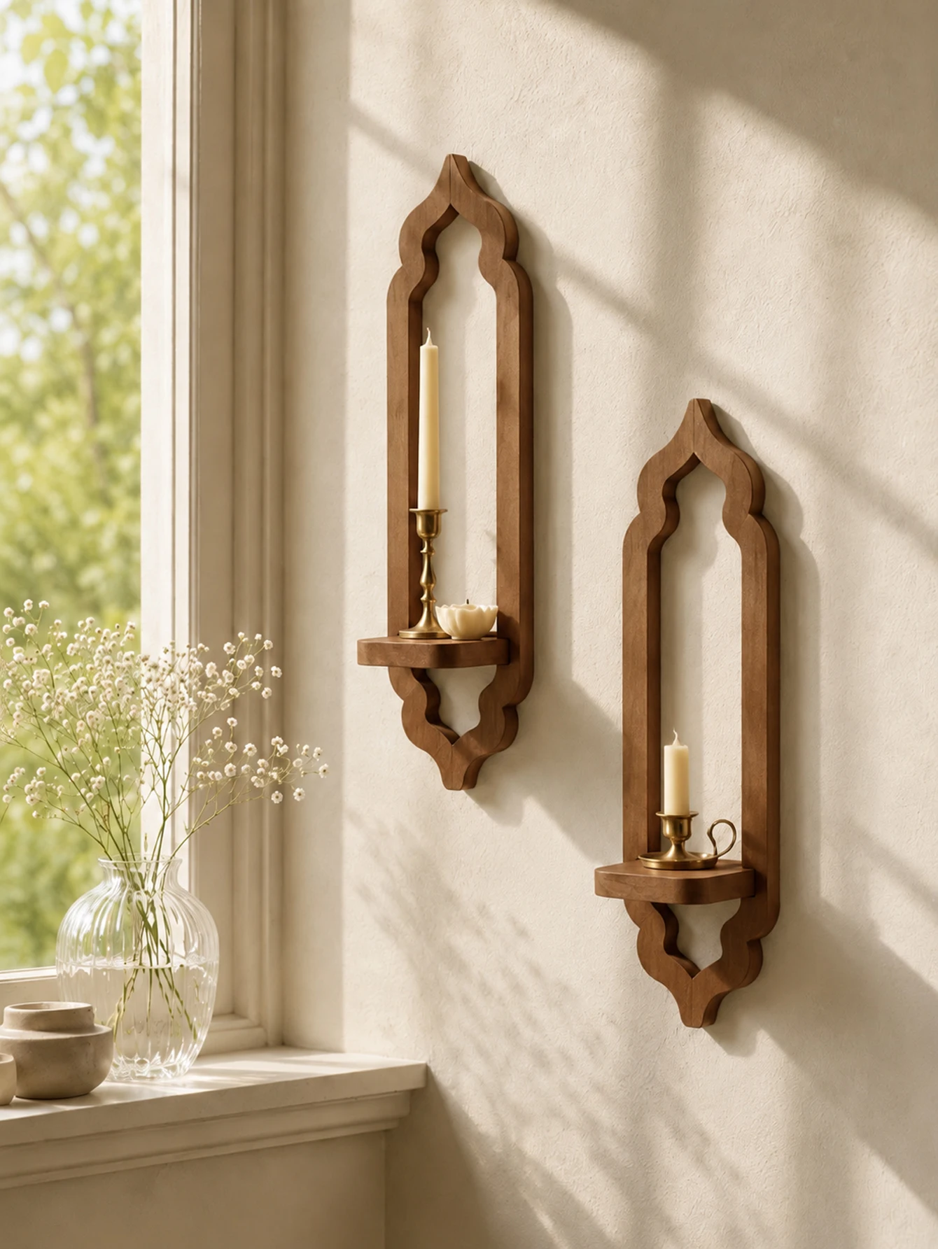 Rustic Arch Wooden Wall Shelf Boho Wall Mount Candle Holder Display Rack Farmhouse Aesthetic Wall Decor for Bedroom Living Room