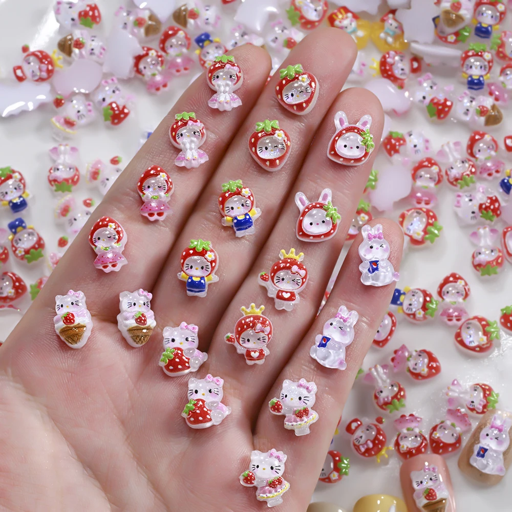 50 قطعة عشوائيا مرحبا كيتي الفراولة مسمار السحر Kawaii شفافة لامعة الآيس كريم مرحبا كيتي مسمار الديكور سانريو مانيكير