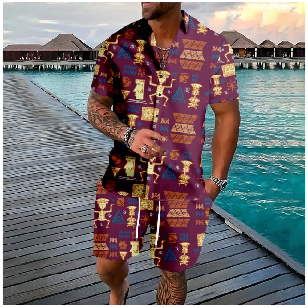 Hawaiian Sets Tribe Pattern Button Shirts Shorts Summer Totem Mix Colors Beach Hipster Streetwear Tracksuits Men Clothing