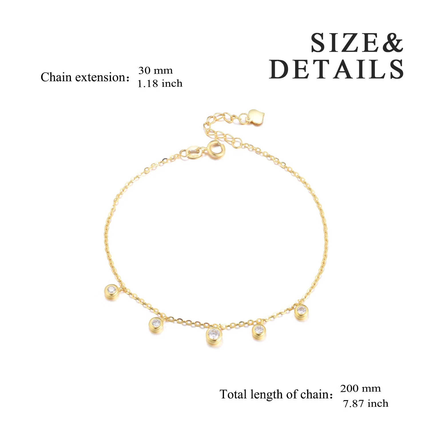 Bola Redonda Charme CZ Pulseira Para Mulheres, Jóias De Casamento Fino, AU750, Ouro 18K, 7 + 2"