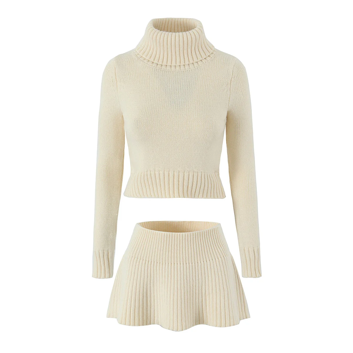 2023 Autumn Retro High Collar Full Sleeve Crop Turtleneck Sweater Pullovers Knitted Ruched Hem Low Waist Skirt 2 pieces 1 set