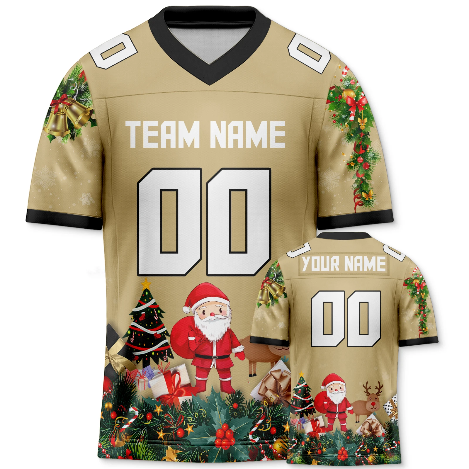 Light Gold Christmas Custom American Football Jersey Personalized Print Team Name Number Festive Gift for Men Women Youth Kids