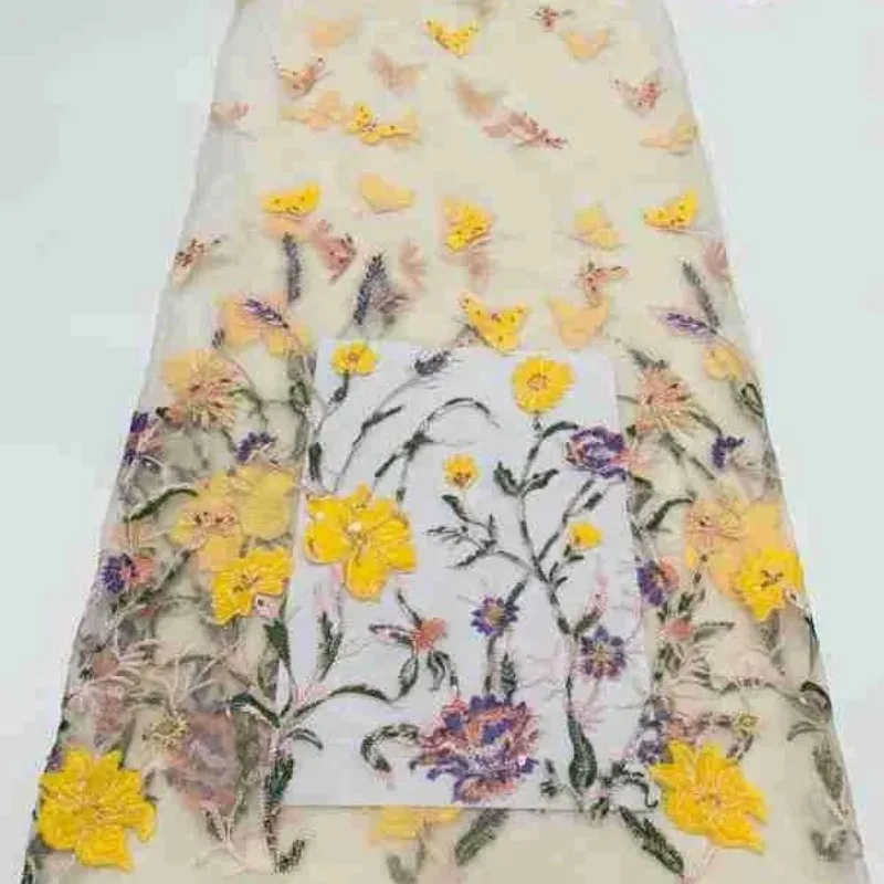 Gelber Schmetterling-Libellen-Blumen-Stickereistoff, Afrikanischer Spitzenstoff – Detail 6