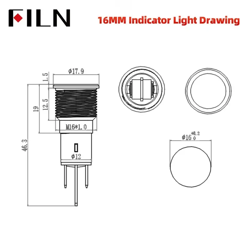 FILM 8/10/12/14/16 mm Symbol Metall LED-Anzeigeleuchte 2-polig 12 V 24 V schwarze Schale Anzeigelampe Auto-Armaturenbrett-Kontrollleuchten – Detail 2
