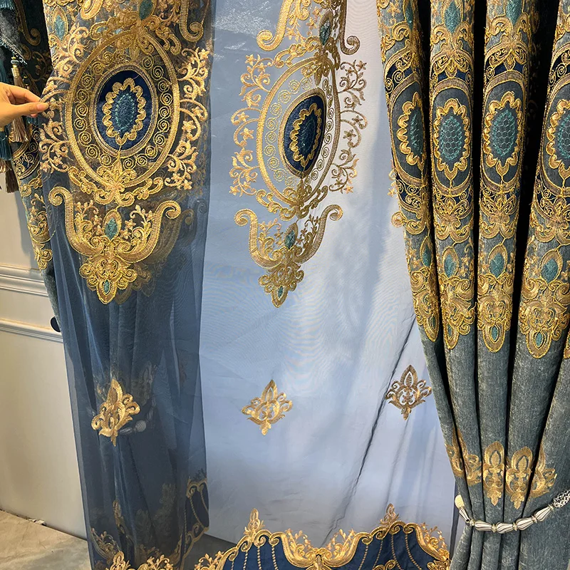 

Custom Size European Style Embroidered Luxury Living Room High-end Chenille Blackout Bedroom Villa Curtains Partition Door