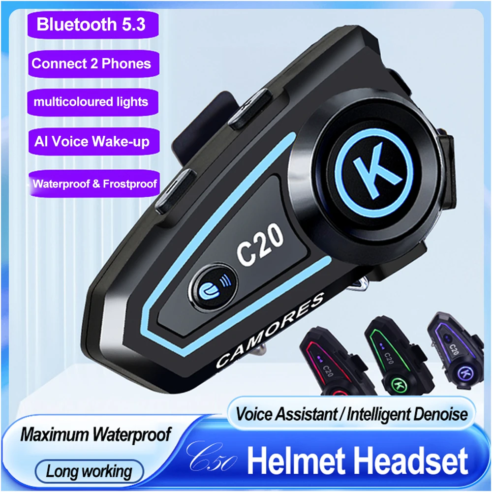 

Motorcycle Helmet Headset Stereo Bluetooth Hands Free Call IPX7 Waterproof Roise Reduction Earphone With Tri-Color Ambient Light