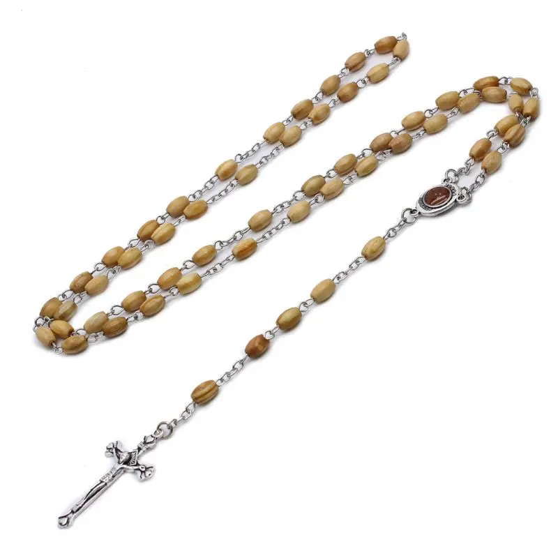 367A Handmade Round Bead Catholic Rosary for Cross Religious Wood Beads Necklace Gift