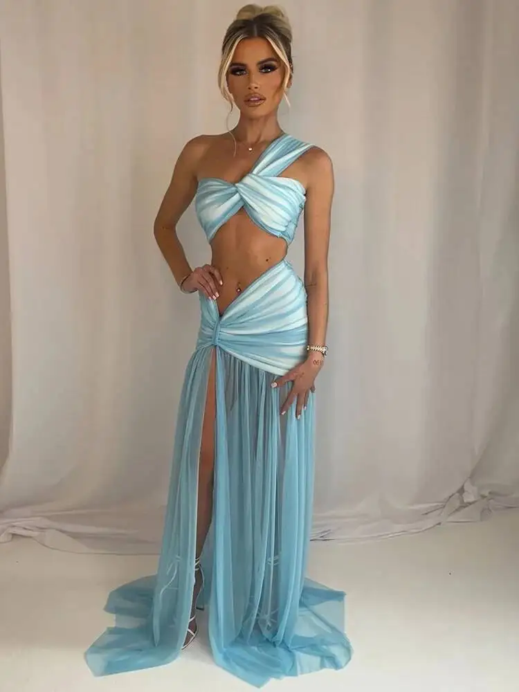 

Summer Sexy Two Sets Women One Shoulder Crop Top And Maxi Skirt Female Elegant Beach Club Party 2 Piece Set