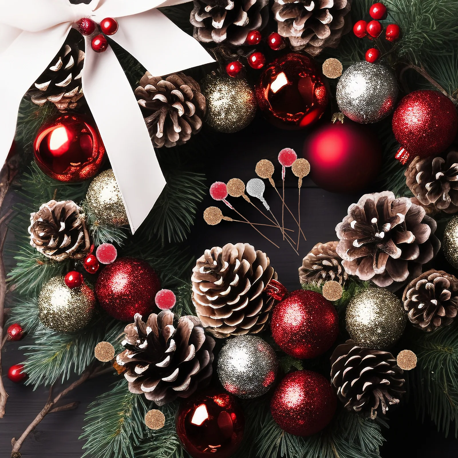 

30 Pcs Christmas Berry Clusters Artificial Glitter Berries Xmas Picks Holly Stems