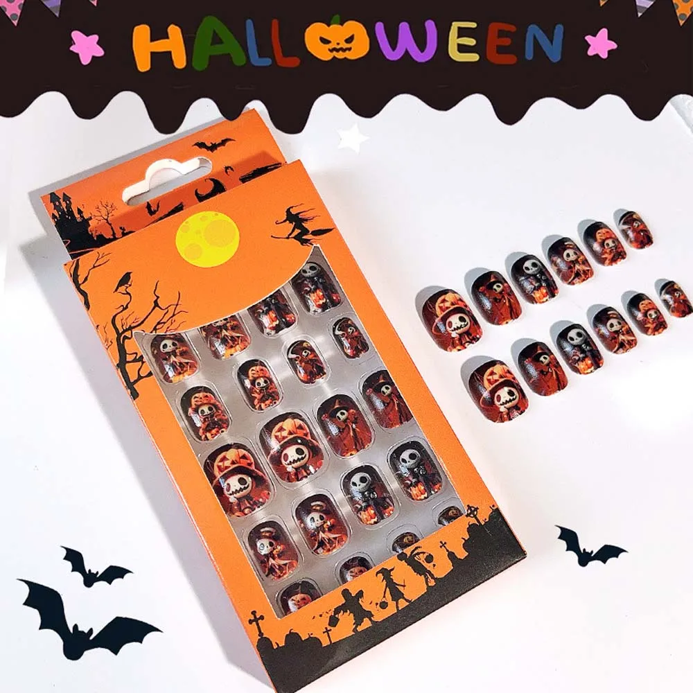 Uñas postizas de murciélago y telaraña para niños, suministros de uñas postizas de Halloween, calabaza, fantasma, dibujos animados, Gel de gelatina, 24 unidades por juego